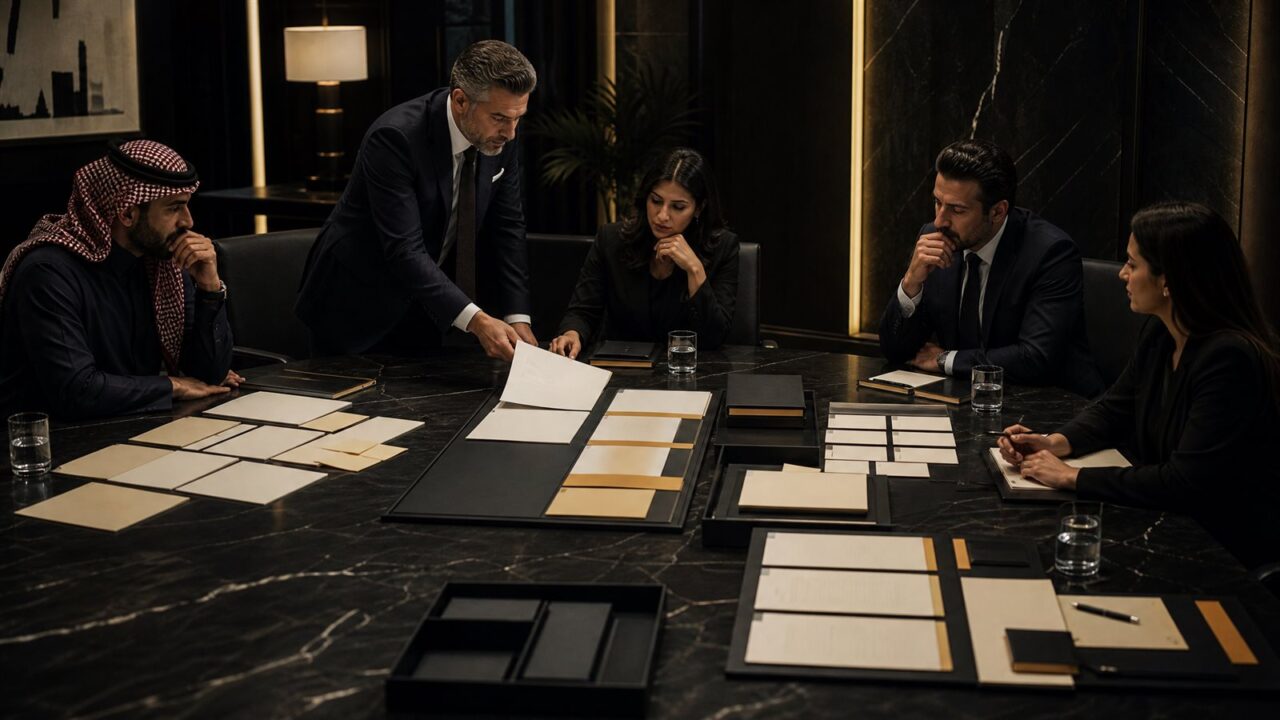 Senior leadership team reviewing execution readiness materials in a boardroom working session.